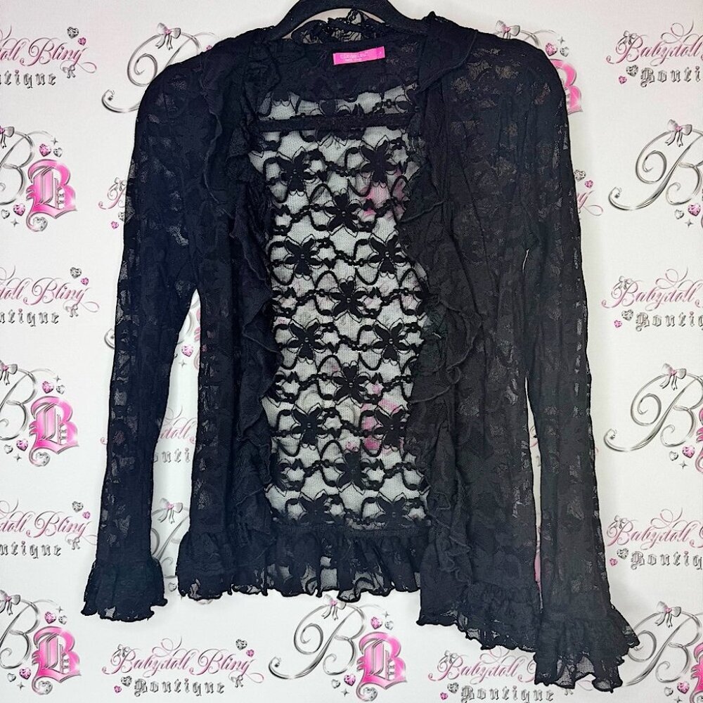 Tiramisu the next shop open mesh floral flowers Black Lace Ruffle Cardigan